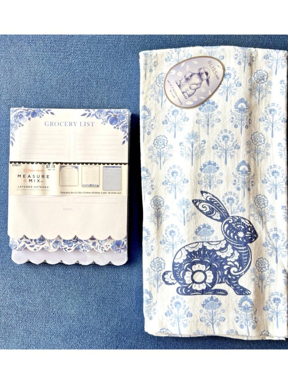 FOLK ART Rabbit Towel & Grocery List Pad NAVY Blue White 100% Cotton BUNNY Gift